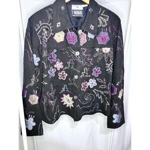 Vintage 90s Yak Magik Black Silk Embroidered Retro Cotton Denim Jacket